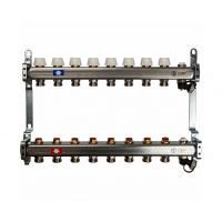 STOUT Коллектор из нерж.стали с запор.клапанами, с клапаном вып. воздуха и сливом 1"/3/4"x8вых.