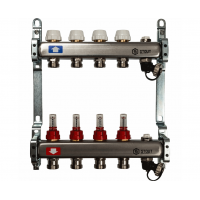 STOUT Коллектор из нерж.стали с расходомерами, с клапаном вып. воздуха и сливом 1"/3/4"x4вых. STOUT Коллектор из нерж.стали с расходомерами, с клапаном вып. воздуха и сливом 1"/3/4"x4вых.