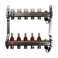 STOUT Коллектор из нерж.стали с расходомерами, с клапаном вып. воздуха и сливом 1"/3/4"x5вых. STOUT Коллектор из нерж.стали с расходомерами, с клапаном вып. воздуха и сливом 1"/3/4"x5вых.